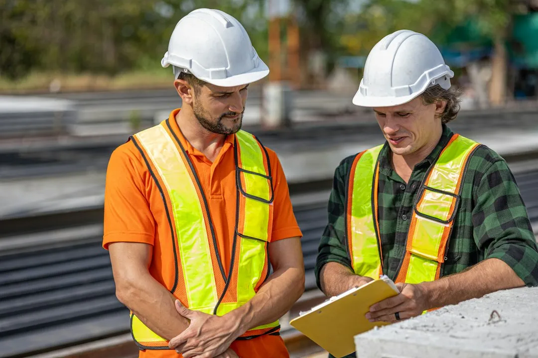 Two construction workers in safety gear review blueprints, with one wearing a visible wristwatch.