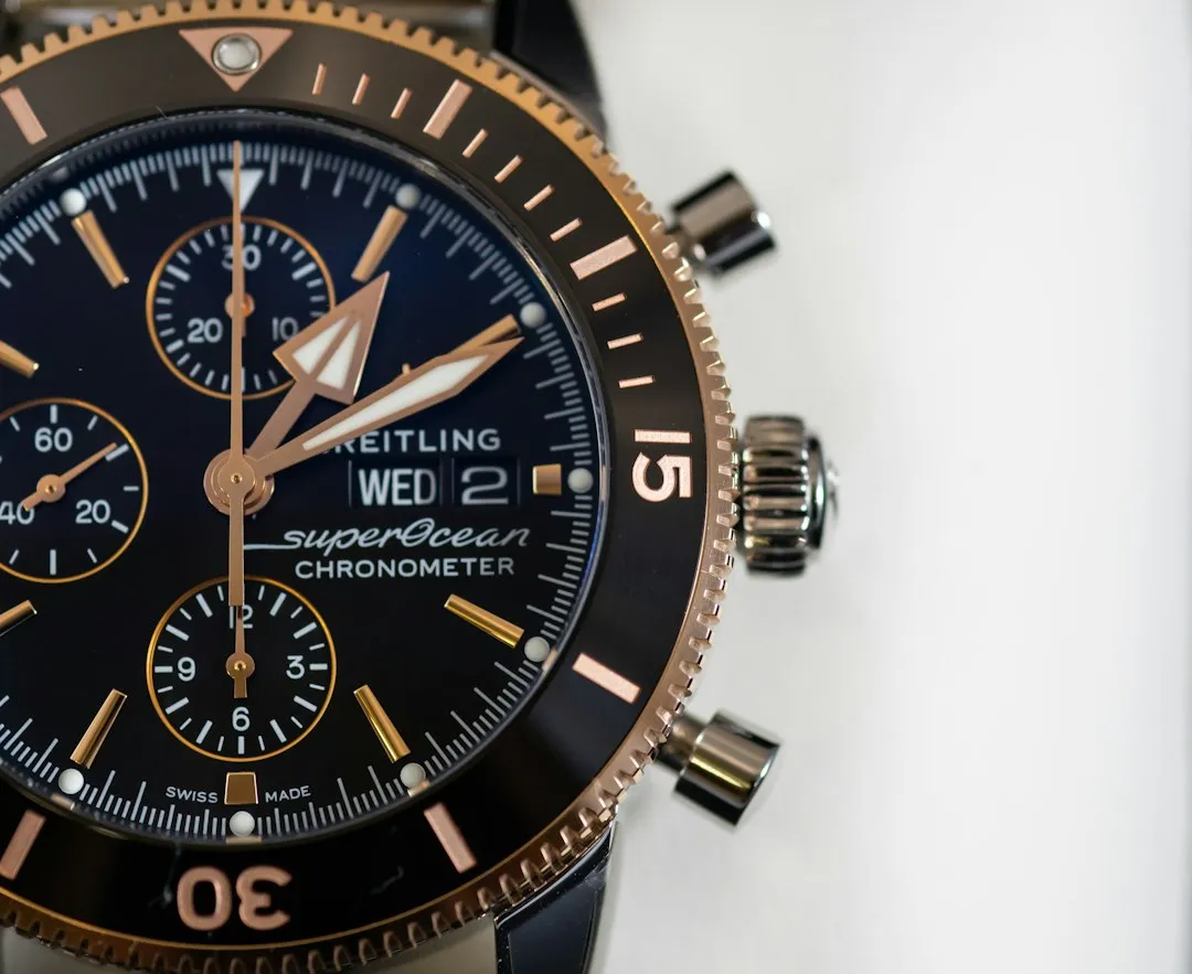 A close-up of a wristwatch dial featuring chronograph subdials and the text Chronometer.
