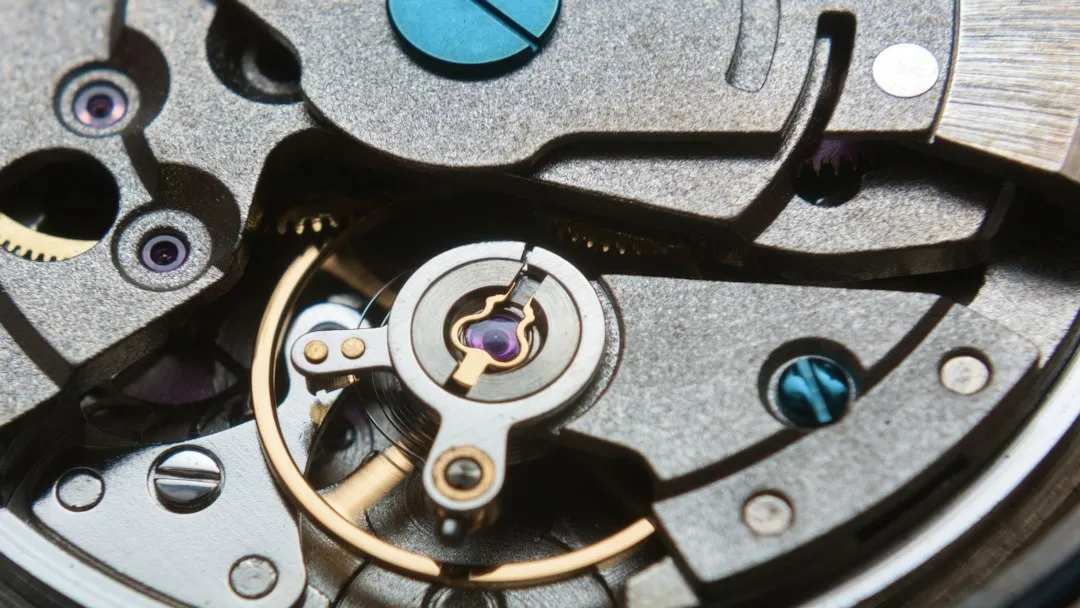 A close-up of a watch movement featuring polished blue steel screws and brass gears.